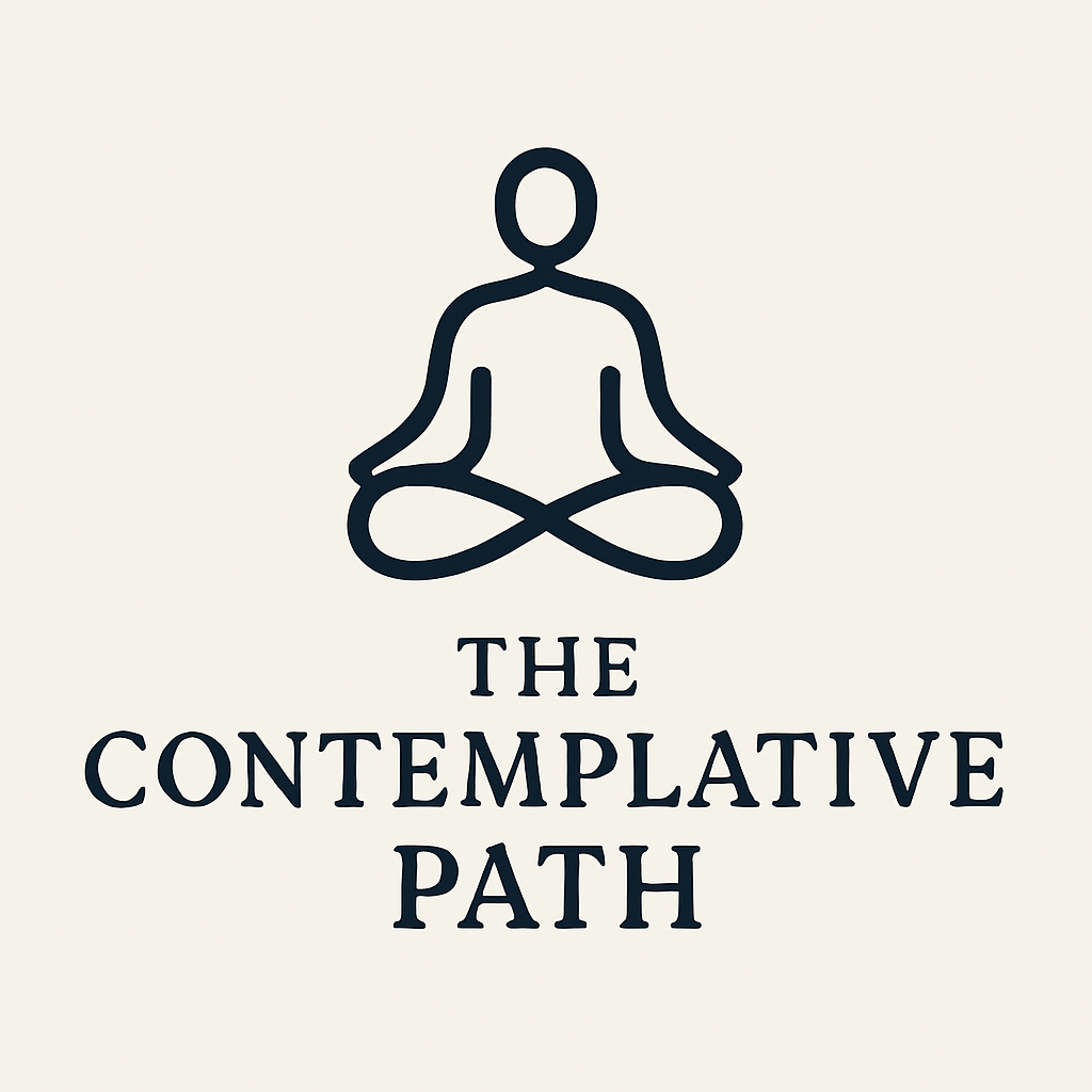 Square logo for The Contemplative Path featuring a minimalist meditating figure in navy blue on an off-white background